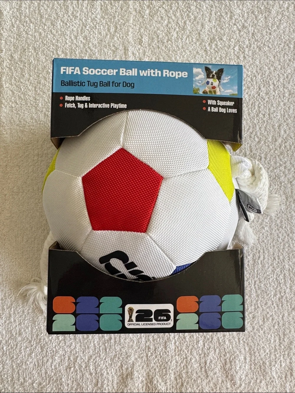 FIFA Soccer Ball with Rope White, Red & Yellow Dog Tug Toy